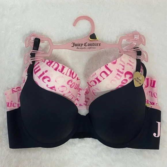 Juicy Couture Pink Logo Print & Black Push-Up Bra Set NWT Size 38C - Picture 4 of 5